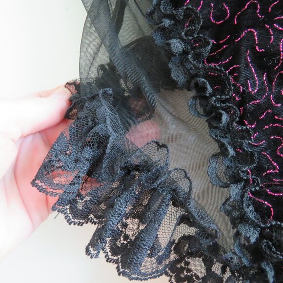 VINTAGE EMIL BOLE Lace Ruffle Black Mesh Velvet Metallic Bodysuit Teddy Goth - Picture 6 of 14